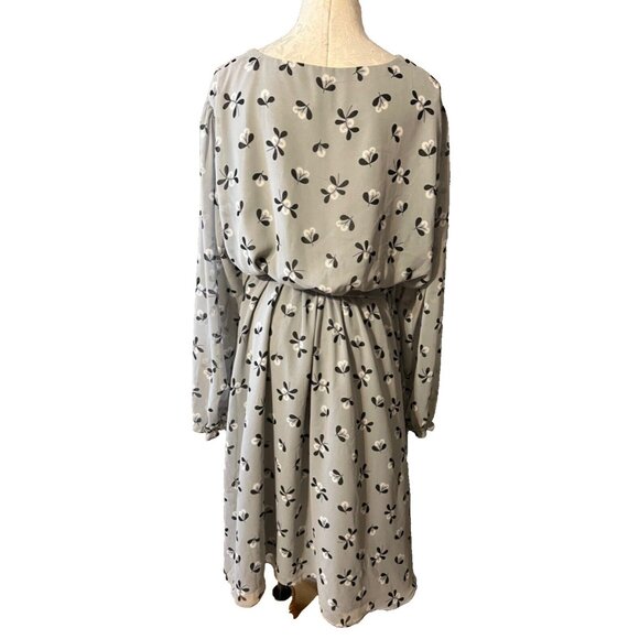 Anne Klein Dress Gray Black Floral XL Extra Large Long Sleeve Blouson Flowy - Picture 4 of 6